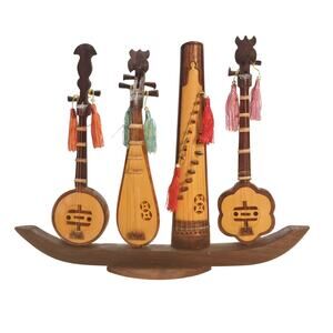 Vintage Chinese Miniature Musical Instrument Ensemble Displayed on Wooded Stand